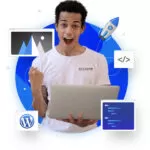 A young, enthusiastic web developer wearing an "Opasite" branded T-shirt, holding a laptop and celebrating with a fist pump. Around him are icons representing web design elements, including a rocket, a code symbol, a WordPress logo, and abstract design elements, all connected by a dotted line.