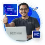 A cheerful person in an "Opasite" T-shirt gives a thumbs-up while working on a laptop. Around them are icons and text that say "Website Design," "Design, Build, Launch," and a rocket icon, symbolizing the complete web design process.